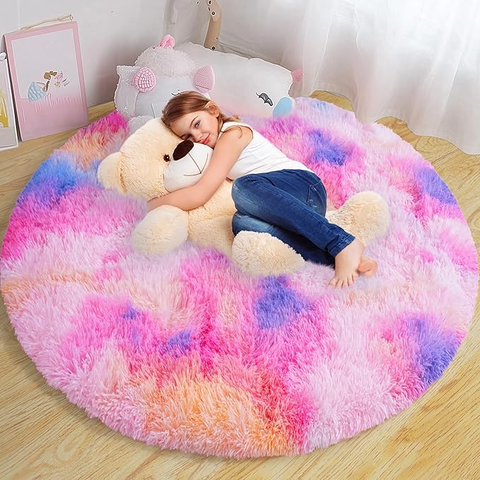 Round Fluffy Rugs 8Ft for Girls Bedroom, Dark Rainbow Shag Circle Kids Rug Non-Slip for Bedside Dorm Nursery Playroom, Soft Cute Area Rugs for Living Room Decor