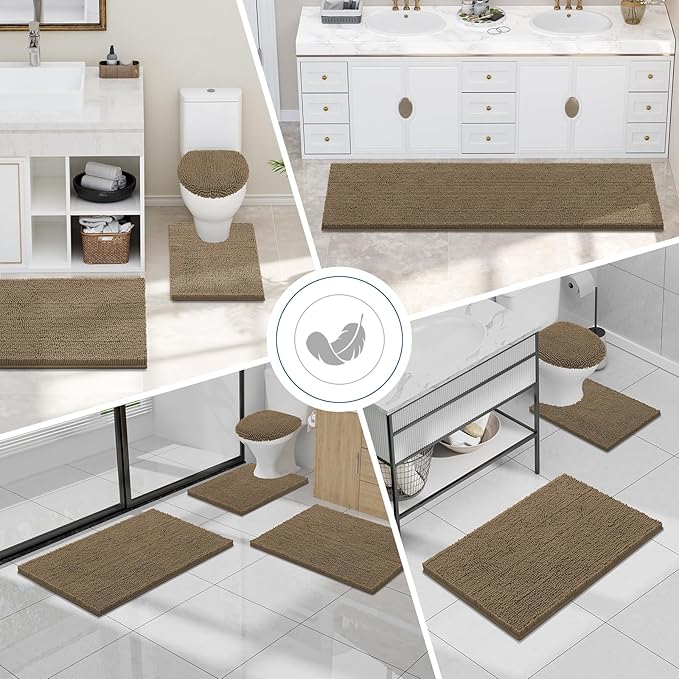 Smiry Luxury Chenille Bathroom Rugs 47x24, Extra Soft and Absorbent Shaggy Bath Mat, Machine Washable, Non-Slip Plush Carpet Runner for Tub, Shower, and Floor, Home Decor Accessories, Camel
