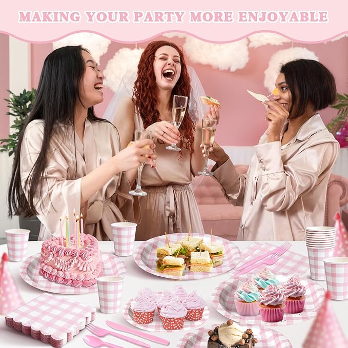 Vyntra 350 PCS Pink Gingham Party Supplies, Disposable 7 & 9 In Plates and Napkins, Cups, Knives, Forks, Spoons for Girl Birthday, Bridal Shower, Tea Party (PInk, Serves 50)