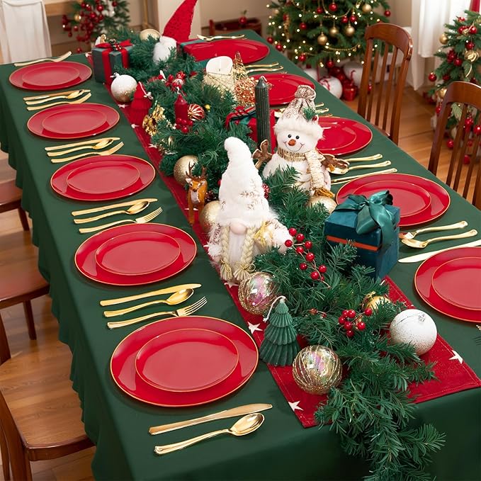 WDF 300Pcs Red Disposable Plates - Christmas Plates - 50guest Disposable Dinnerware Include 50 Dinner Plate, 50 Dessert Plate, 150 Cutlery & 50 9oz Cups for Christmas & Parties