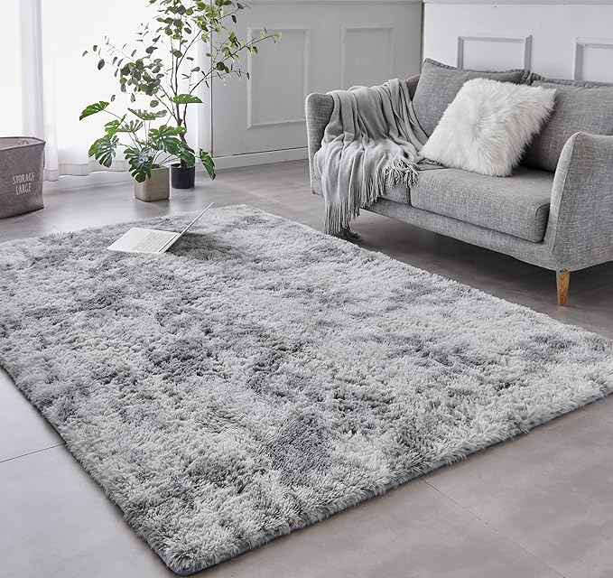TABAYON Shag Area Rug, 4'x6' Tie-Dyed Light Grey Indoor Ultra Soft Plush Rugs for Living Room, Non-Skid Modern Nursery Faux Fur Rugs for Home Decor