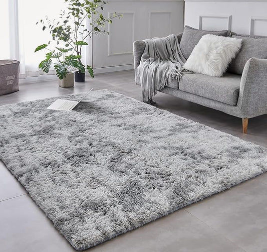 TABAYON Shag Area Rug, 5x7 Ft Tie-Dyed Light Grey Upgrade Anti-Skid Durable Rectangular Cozy High Pile Soft Throw Rug for Nursery/Living Room