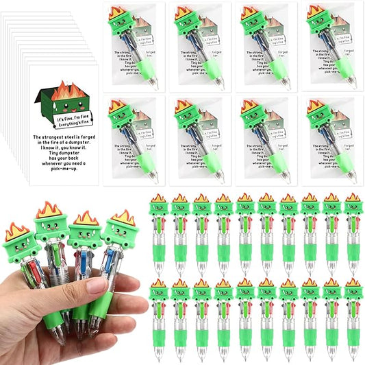 50 Sets Christmas Dumpster Fire Pens Gifts Bulk, Funny Dumpster 4-in-1 Multicolor Ballpoint Pen Desk Accessories with Positive Cards for Classroom Student Rewards and Holiday Party Supplies