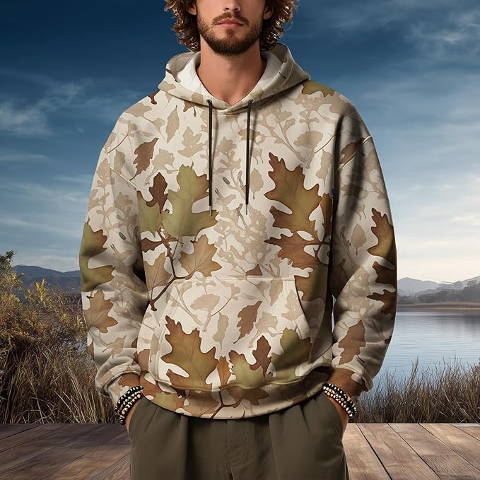 Mens Camo Hoodies Maple Leaf Graphic Camouflage Pullover Sweatshirts Hooded Fleece Casual Hunting Fall Outfits
