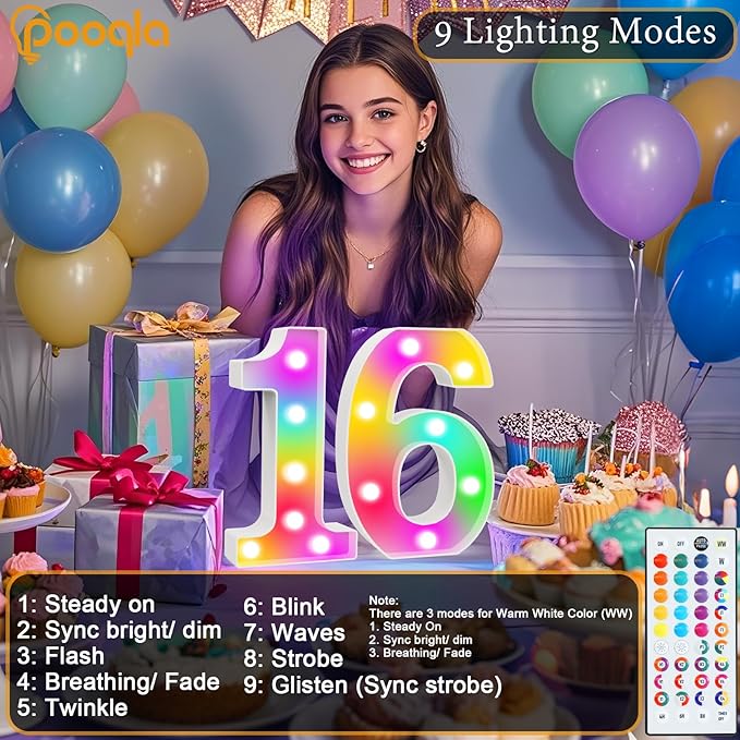 Pooqla 18th Birthday Decorations for Girls Boys, 35 Colors LED Light Up Numbers with Remote, Multicolor Marquee Numbers 18 Sign for Party Wedding Anniversary Decor 18th Birthday Gift, Number 18