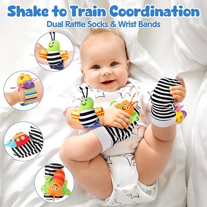 Baby Rattles 0-6 Months | Sensory Toys for Infants 6-12 Month, Wrist Rattle Socks, Foot Finder & Teething Toys | Newborn Toys Gift for Boys and Girls, Baby Shower Gifts Christmas Stocking Stuffers