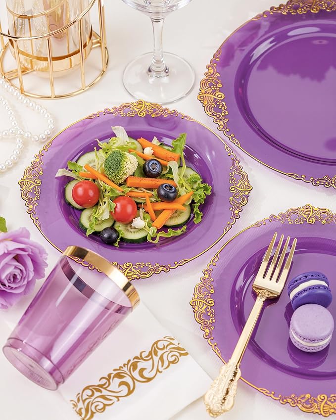 Nervure 175PCS Clear Purple Plastic Plates - Purple Party Plates Set for 25 Guests Include 25Dinner Plate, 25Dessert Plate, 25Cups, 75 Cutlery, 25Napkins Perfect for Wedding & Party & New Year