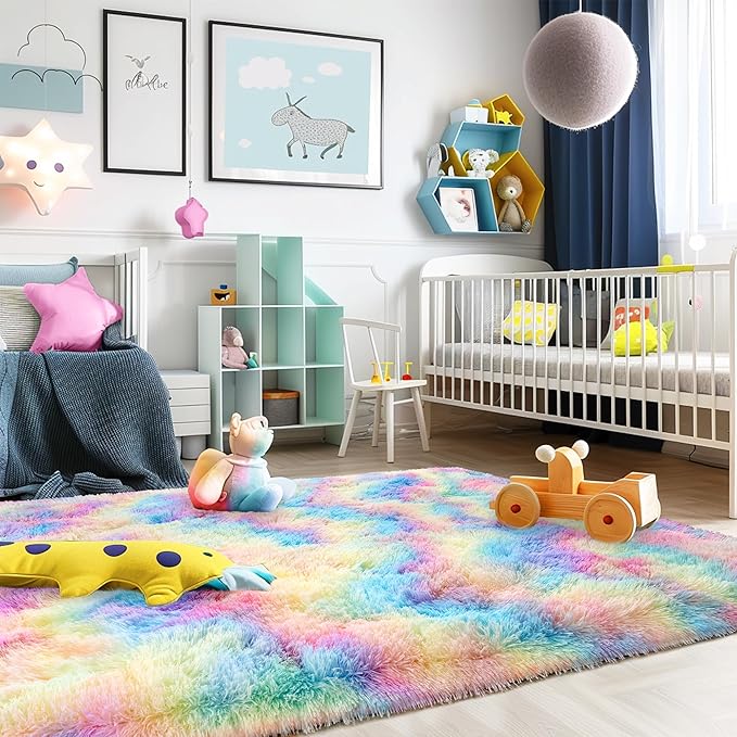 Super Fluffy Rug for Bedroom, 4x6 Shag Fuzzy Area Rug for Living Room Bedroom, Plush Soft Carpet for Girls Boys Kids, Non Slip Throw Rugs for Dorm, Modern Home Decor Aesthetic, Rainbow