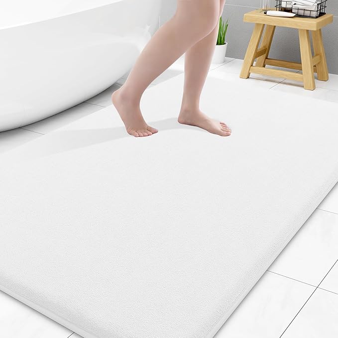 Smiry Memory Foam Bath Mat 59x34, Extra Soft and Absorbent Bathroom Mats, Non Slip Washable Carpet for Floor, Shower and Tub, White