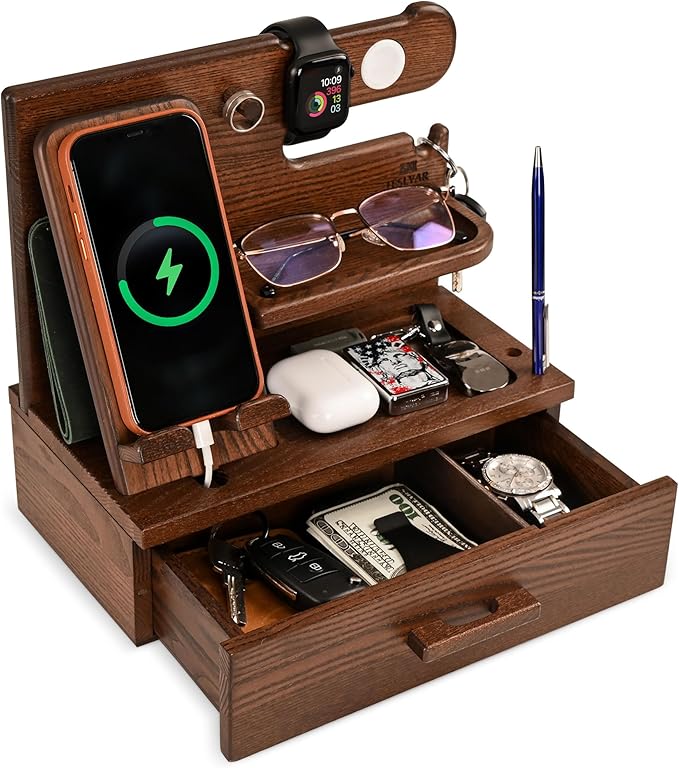 Wood Phone Docking Station with Drawer – Nightstand Desk Organizer
