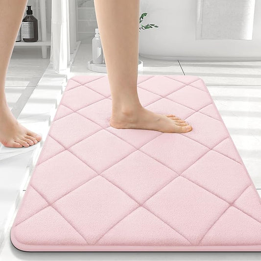 OLANLY Memory Foam Bath Mat 36x24, Ultra Soft and Absorbent Bathroom Rugs, Machine Washable, Comfortable Bath Carpet for Bathroom Floor, Tub and Shower, Pink