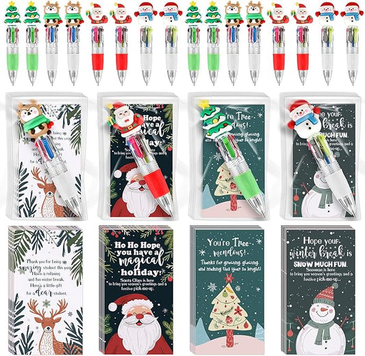 48 Sets Christmas Ballpoint Pens Gift Positive Card 4-in-1 Multicolor Retractable Xmas Pens Classroom Prizes Christmas Goodie Bags Stocking Stuffers for Student Friends School Party Favor