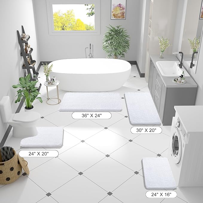 OLANLY Bathroom Rugs 47x24, Extra Soft Absorbent Chenille Bath Rugs, Rubber Backing Quick Dry, Machine Washable Bath Mats for Bathroom Floor, Tub and Shower, Home Decor Accessories, White