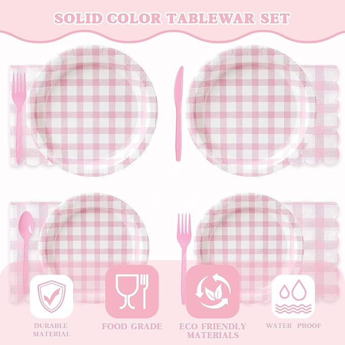 Vyntra 350 PCS Pink Gingham Party Supplies, Disposable 7 & 9 In Plates and Napkins, Cups, Knives, Forks, Spoons for Girl Birthday, Bridal Shower, Tea Party (PInk, Serves 50)