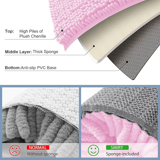 Smiry Luxury Chenille Bathroom Rugs 59x35, Extra Soft and Absorbent Shaggy Bath Mat, Machine Washable, Non-Slip Plush Carpet Runner for Tub, Shower, and Floor, Home Decor Accessories, Pink