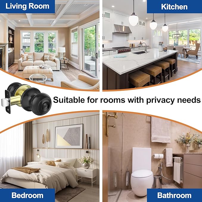 10 Pack Privacy Door Knob, Matte Black Door Knobs Interior Keyless Door Locks for Bedrooms, Bathroom Door Knob for Left/Right Handle Doors