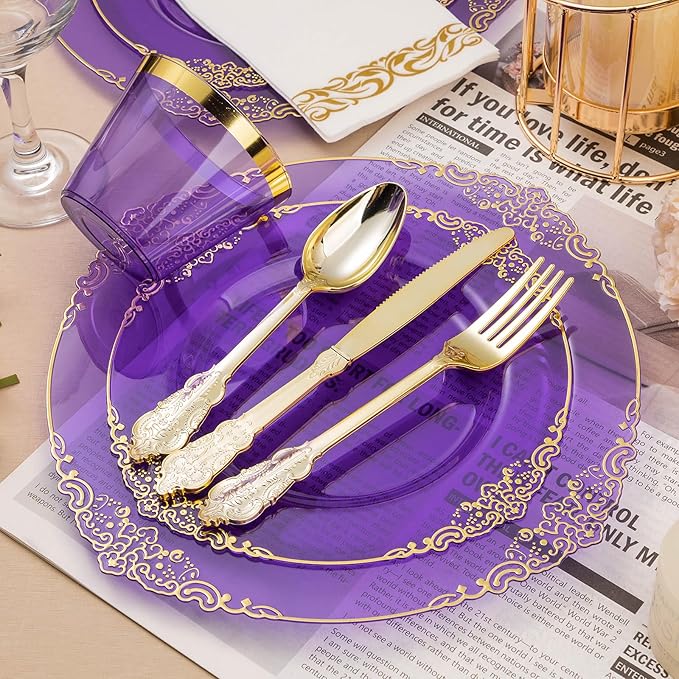 175PCS Clear Purple Plastic Plates for 25 Guests, Disposable Plates with Gold Trim include 25 Dinner Plates, 25 Dessert Plates, 75 Gold Silverware, 25 Cups, 25 Napkins for Party, Wedding