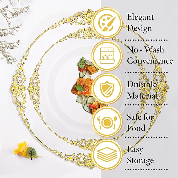 Nervure 175PCS Clear Gold Plastic Plates - Gold Disposable Dinnerware Set for 25 Guests Include 50 Disposable Plates, 75 Plastic Silverware, 25 Cups, 25 Napkins for Wedding & Party & Thanksgiving