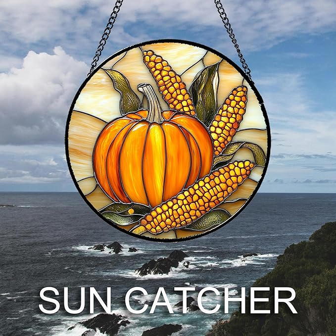 Stained Glass Window Hanging Autumn Harvest Pumpkin Corn 7.8" - Suncatcher Door Garden Kitchen Sunroom Sun Catcher Fall Home Decor Birthday for Mom Grandma Men Woman