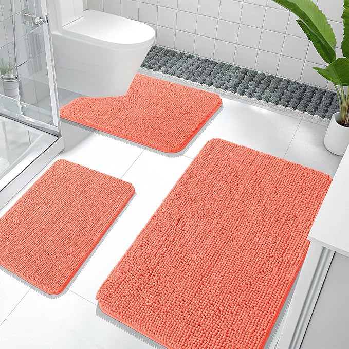 OLANLY Bathroom Rugs Sets 3 Piece, Soft Absorbent Chenille Bath Mats and U-Shaped Contour Toilet Rug, Quick Dry, Home Decor Accessories, Bath Mat Set for Bathroom (36"x24"+24"x16"+24"x20", Coral)