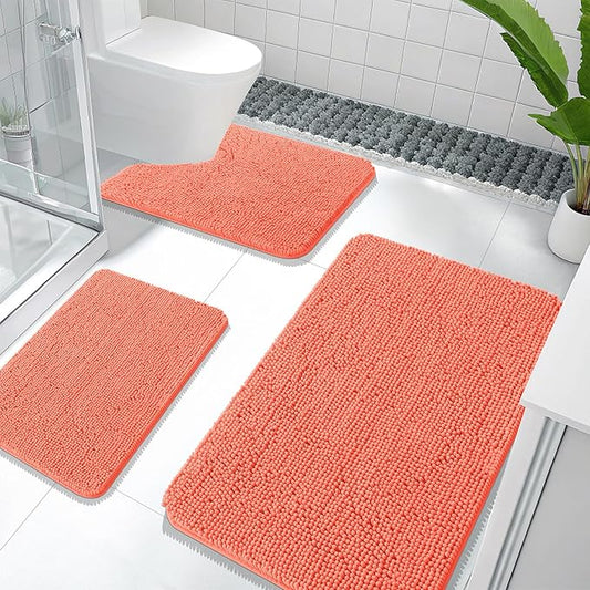 OLANLY Bathroom Rugs Sets 3 Piece, Soft Absorbent Chenille Bath Mats and U-Shaped Contour Toilet Rug, Quick Dry, Home Decor Accessories, Bath Mat Set for Bathroom (36"x24"+24"x16"+24"x20", Coral)