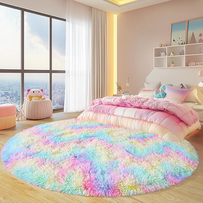 Round Fluffy Rugs 5Ft for Girls Bedroom, Rainbow Shag Circle Kids Rug Non-Slip for Bedside Dorm Nursery Playroom, Soft Cute Area Rugs for Living Room Decor