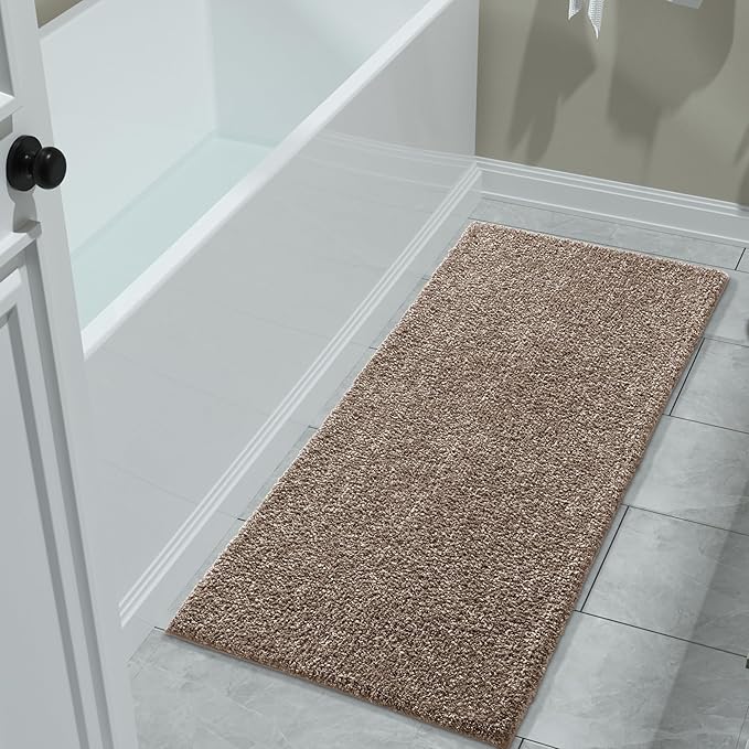 Yimobra Long Bathroom Rug Non Slip Washable, Soft Absorbent Microfiber Bath Mat, Dual-Tone Decor Rug with Rubber Backing for Bathroom Floor,Tub and Shower,47x24,Home Essentials,Brown and White