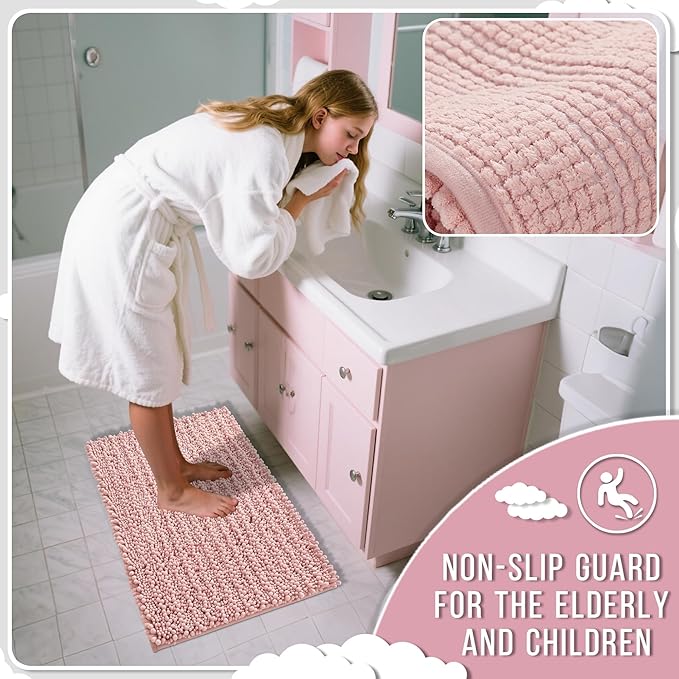 Yimobra Large Bathroom Rugs Non Slip Washable 36x24 Inch - Ultra Soft Absorbent Chenille Bath Mat, Quick Dry Shaggy Floor Carpet for Tub Shower, Light Pink Home Decor Accessories