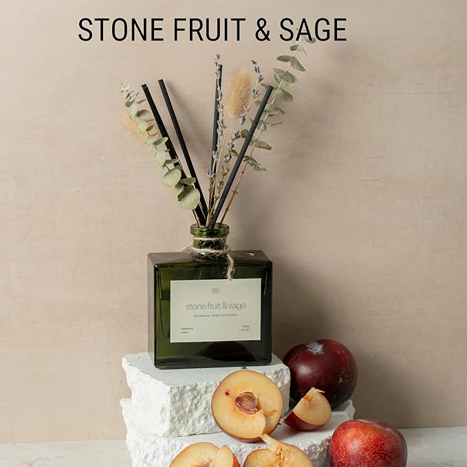 Craft & Kin Christmas Reed Diffuser with Dried Flowers | 5 oz Stone Fruit & Sage Scented Holiday Reed Diffusers for Home, Bathroom | Scent Sticks | Elegant Fragrance Home Decor for Men & Women