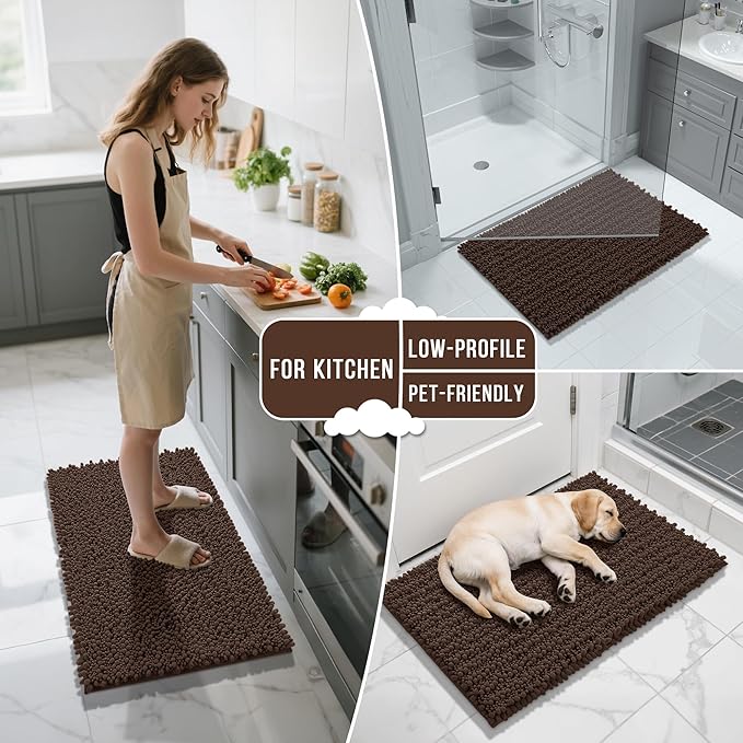 Yimobra Bathroom Runner Rug 55x24 Inch - Extra Long Non Slip Chenille Bath Mat, Soft & Absorbent, Machine Washable Shaggy Hallway Carpet for Vanity Tub Shower, Brown Home Decor Accessories