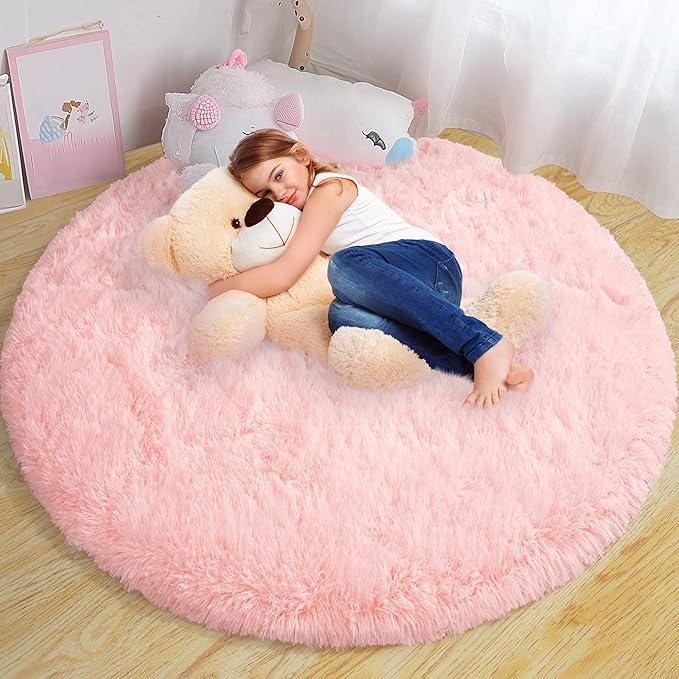 Round Fluffy Rugs 7Ft for Girls Bedroom, Pink Shag Circle Kids Rug Non-Slip for Bedside Dorm Nursery Playroom, Soft Cute Area Rugs for Living Room Decor