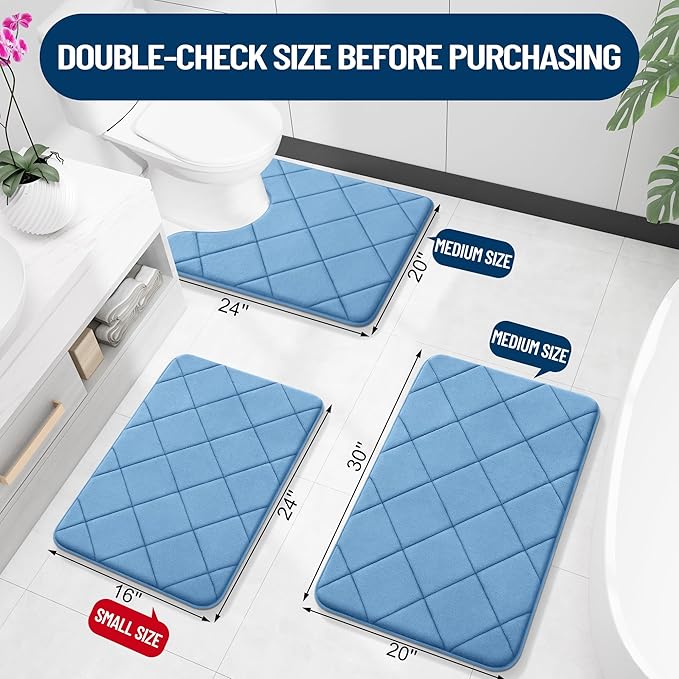OLANLY Memory Foam Bath Mat 47x20, Ultra Soft and Absorbent Bathroom Rugs, Machine Washable, Comfortable Bath Carpet for Bathroom Floor, Tub and Shower, Blue