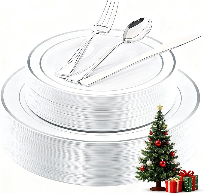 WDF 40Guest Silver Plastic Plates with Silverware - White Plastic Plates with Silver Rim, Dinnerware Sets Include 40 Dinner Plate, 40 Salad Plate,40 Forks, 40 Knives, 40 Spoons for Christmas