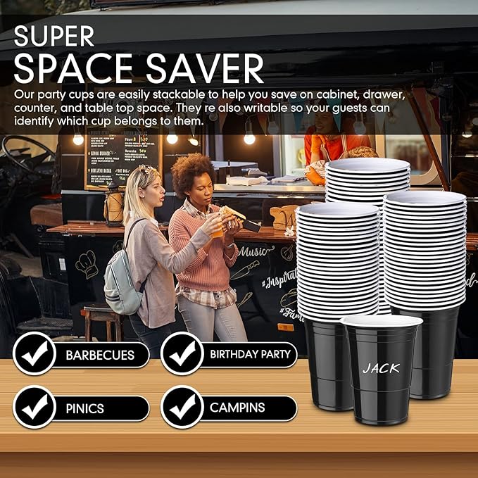 Mimorou Black 200 Pack 16 oz Disposable Plastic Cups Bulk, Party Plastic Cups for Parties Stackable Beverage Drinking Tumbler Heavy Duty for Events Picnics and BBQ Wedding Birthday Baby Shower