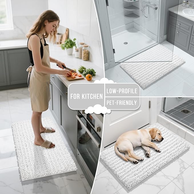 Yimobra Bathroom Runner Rug 55x24 Inch - Extra Long Non Slip Chenille Bath Mat, Soft & Absorbent, Machine Washable Shaggy Hallway Carpet for Vanity Tub Shower, White Home Decor Accessories