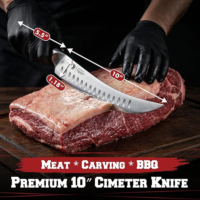 KITCHEN PERFECTION 10” Butcher Knife for Meat Cutting & Trimming-Ultra Sharp Cimeter Breaking Carving Knife with Sheath- Premium German Steel,Full Tang Ergonomic Handle -Perfect Grilling Gifts for Men