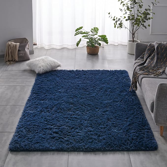TABAYON Shag Area Rug, 5x7 Ft Navy Blue Upgrade Anti-Skid Durable Rectangular Cozy Rug, High Pile Soft Throw Rug for Nursery Room Living Room