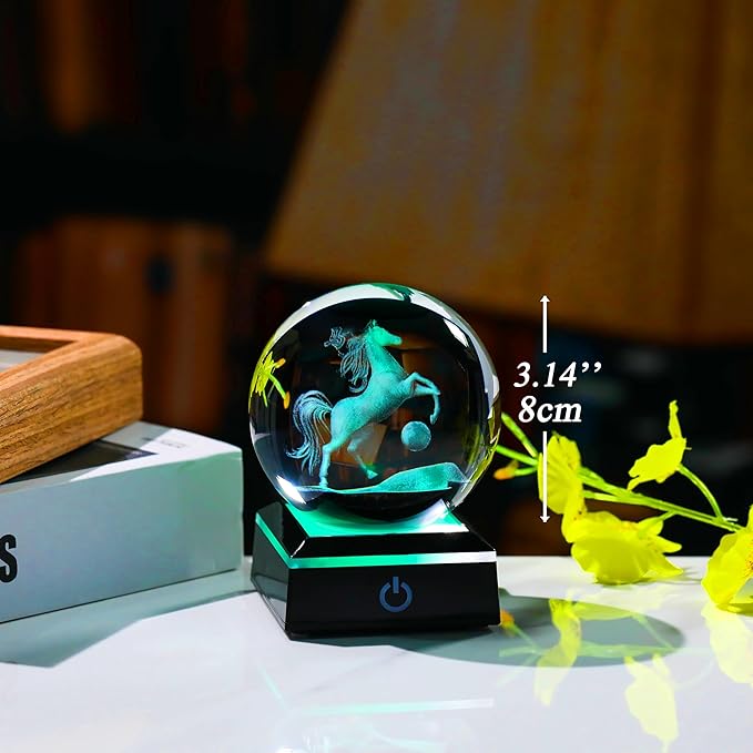 Qianwei Horse Gifts for Women 3D Crystal Ball 3.14'' - Laser Horse Decor Glass Animals Gifts Figurines Statue Stuff for Room Decorations Night Light