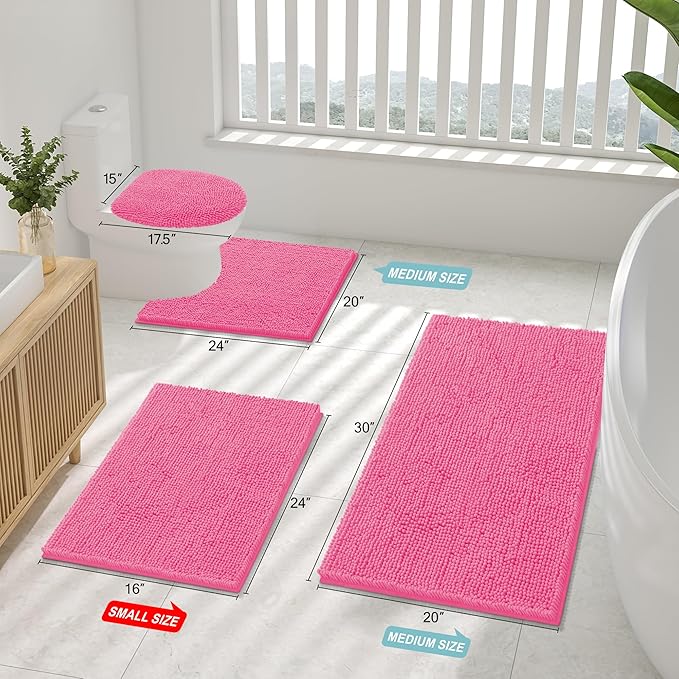 Smiry Luxury Chenille Bathroom Rugs 47x20, Extra Soft and Absorbent Shaggy Bath Mat, Machine Washable, Non-Slip Plush Carpet Runner for Tub, Shower, and Floor, Home Decor Accessories, Hot Pink