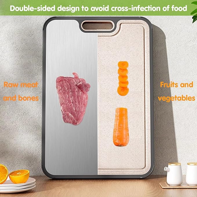 Titanium Cutting Board for Kitchen,2-in-1 Double Sided Food-Grade Pure Titanium&Wheat Straw PP,Non-Toxic，Non-Slip，Ideal for Meat,Fruit，Vegetables & Family Cooking ，Easy to Clean Large Size 15.2”×10.5”