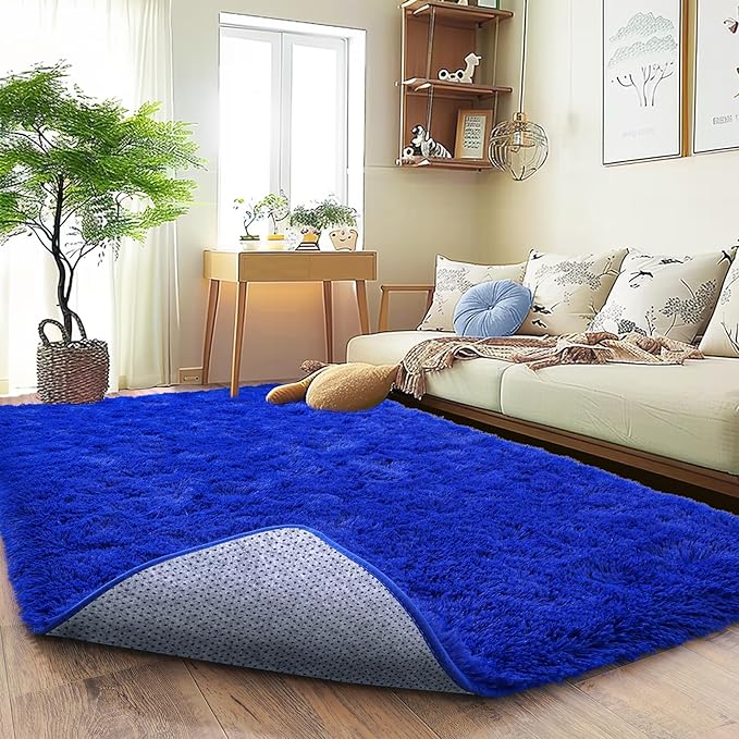 Super Fluffy Rug for Bedroom, 4x6 Shag Fuzzy Area Rug for Living Room Bedroom, Plush Soft Carpet for Girls Boys Kids, Non Slip Throw Rugs for Dorm, Modern Home Decor Aesthetic, Royal Blue