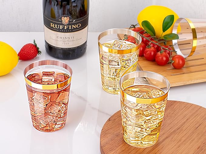Ciaell 120PCS Gold Plastic Cups - 10Oz Heavy Duty Clear Plastic Cups with Gold Rim - Gold Rim Disposable Cups for Wedding, Birthday & Christmas