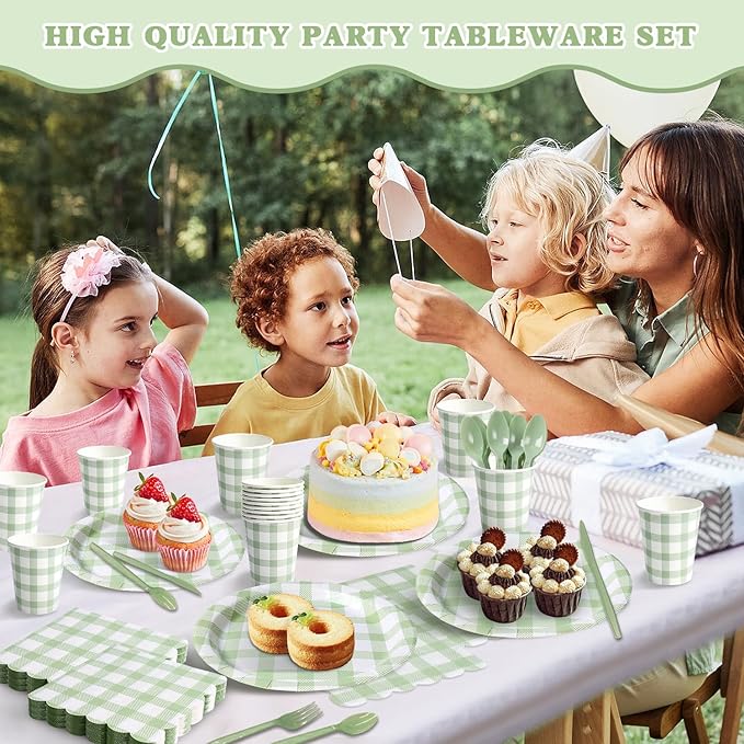 Vyntra 350 PCS Sage Green Gingham Party Supplies, Disposable 7 & 9 In Plates and Napkins, Cups, Knives, Forks, Spoons for Rustic Wedding, Garden Party, Baby Shower (Sage Green, Serves 50)