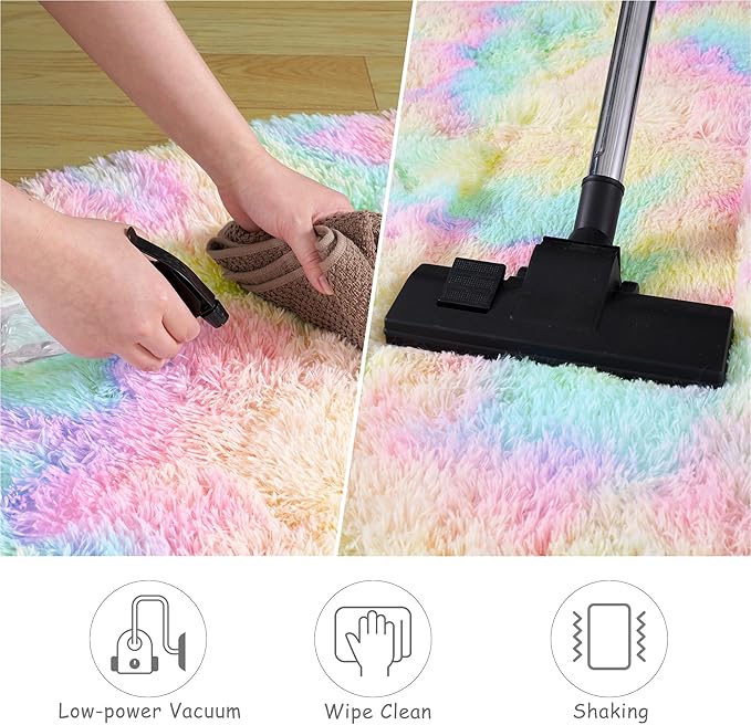 Round Fluffy Rugs 7Ft for Girls Bedroom, Rainbow Shag Circle Kids Rug Non-Slip for Bedside Dorm Nursery Playroom, Soft Cute Area Rugs for Living Room Decor