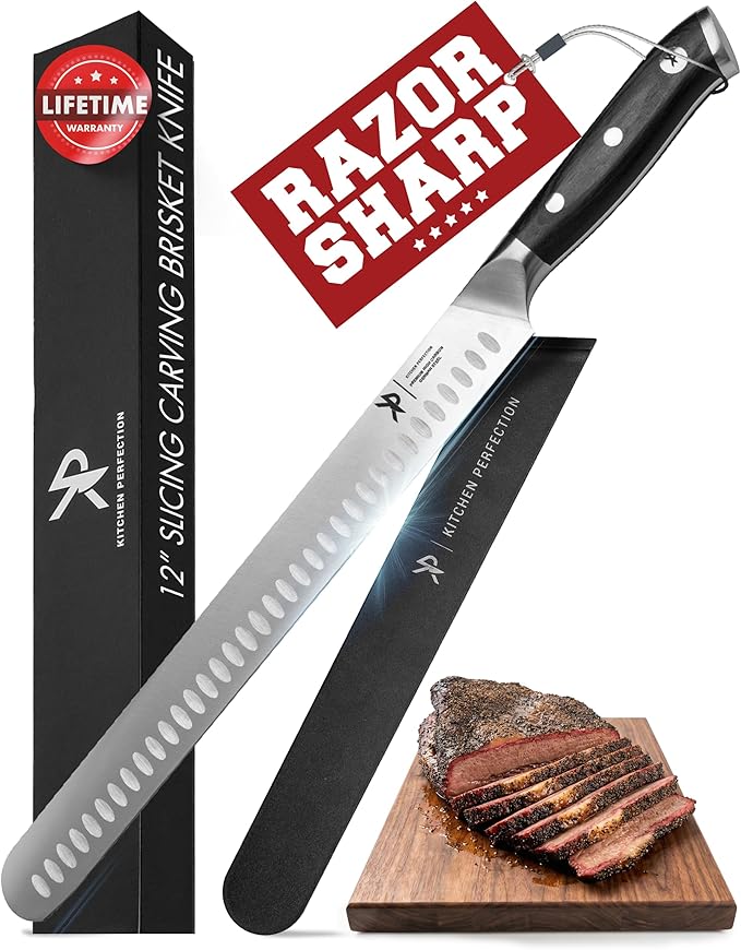 Kitchen perfection 12” Brisket Knife for Carving & Slicing Meat - Ultra Sharp Premium German Steel Granton Edge with Sheath, Full Tang Ergonomic Handle.For BBQ, Turkey & Ribs- Grilling Gifts for Men