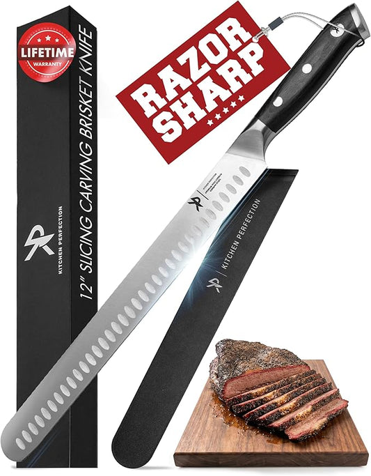 Kitchen perfection 12” Brisket Knife for Carving & Slicing Meat - Ultra Sharp Premium German Steel Granton Edge with Sheath, Full Tang Ergonomic Handle.For BBQ, Turkey & Ribs- Grilling Gifts for Men