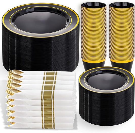 WELLIFE 350PCS Black and Gold Plastic Plates - Plastic Dinnerware Set for 50 Guests,Include 50 Dinner Plates, 50 Dessert Plates, 50 Black Cups 9 OZ, 50 Pre Rolled Napkins with Gold Silverware