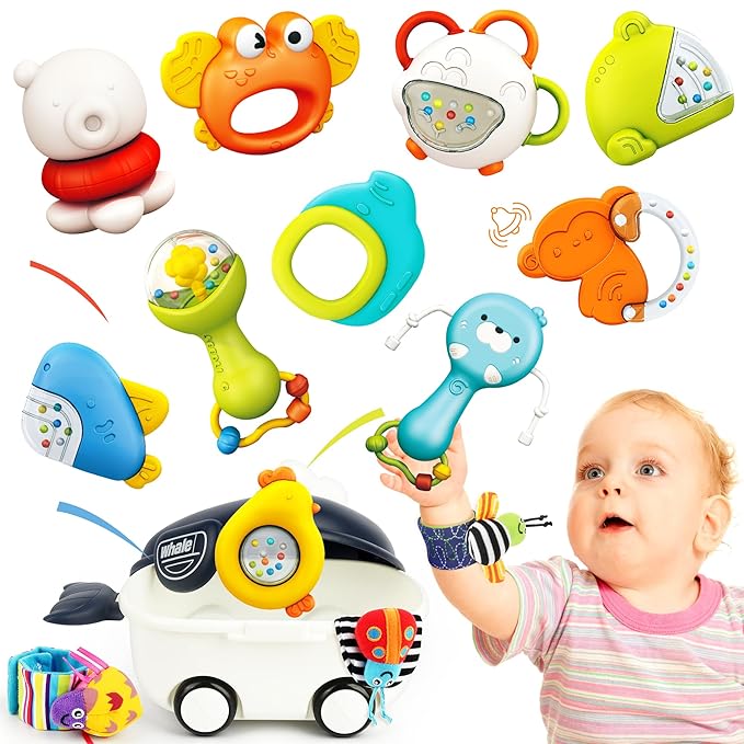 Baby Rattles 0-6 Months | Sensory Toys for Infants 6-12 Month, Wrist Rattle Socks, Foot Finder & Teething Toys | Newborn Toys Gift for Boys and Girls, Baby Shower Gifts Christmas Stocking Stuffers