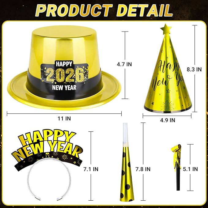 96PCS Party Supplies - New Years Headbands, Hats & Noisemakers for 48 People - Plastic Party Favors, Cone Hats, Horns