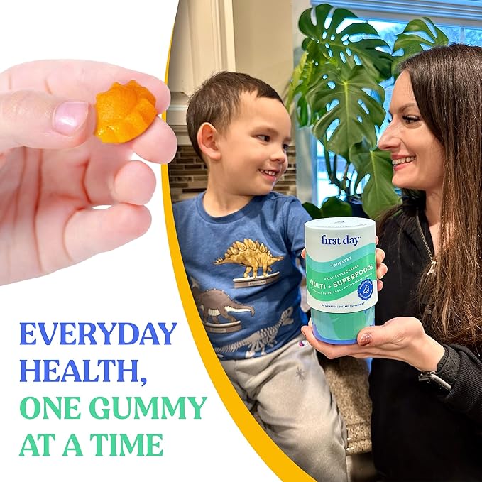 FIRST DAY Toddler Multivitamin Gummies (Ages 2-3)| Kids Multivitamin Gummies with Vitamins A C D3, B2, B12, Choline, Folate and 21 Organic Superfoods| (30 Day Supply)